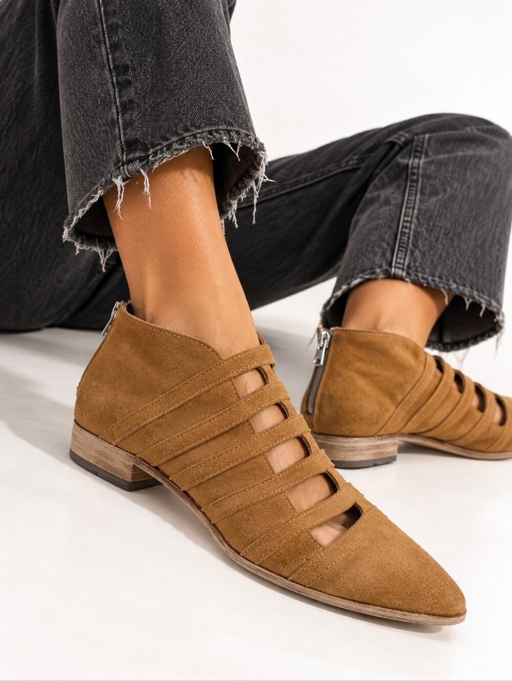 Free People Suede Cage Ankle Booties Cutout Camel Brown Size 39